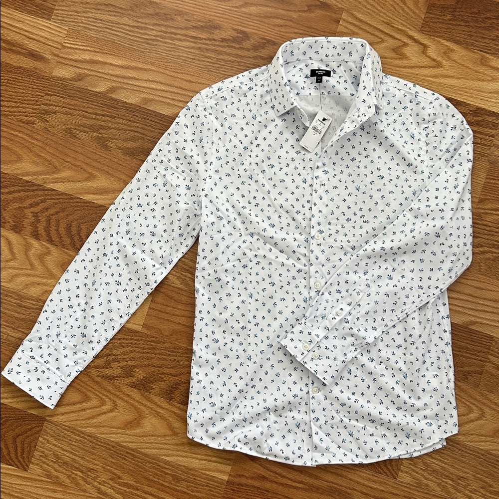 Express White Shirt with Blue and Purple Floral Pattern